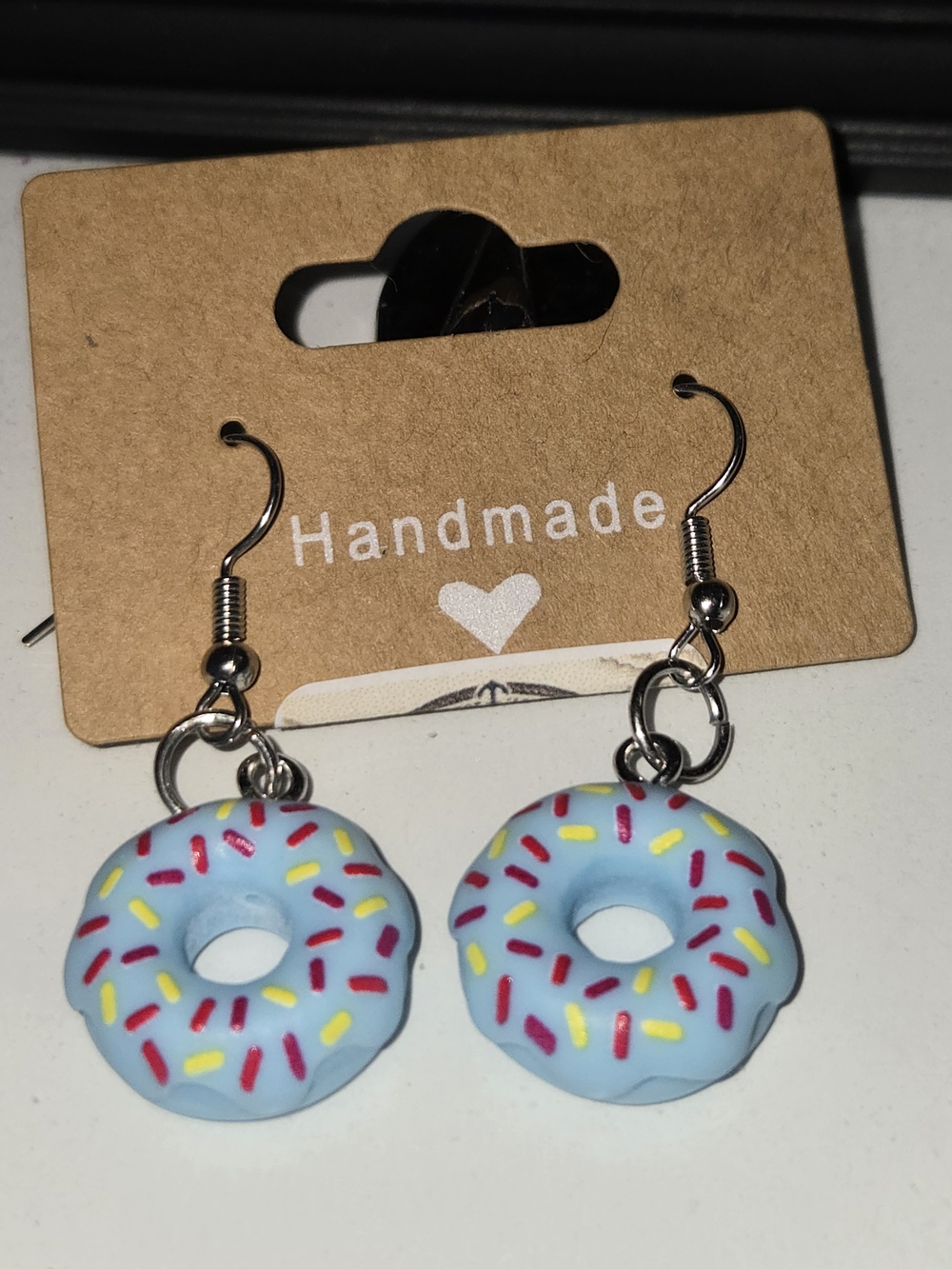 Handmade Blue Donut Dangle Earrings with Multicolor Sprinkles